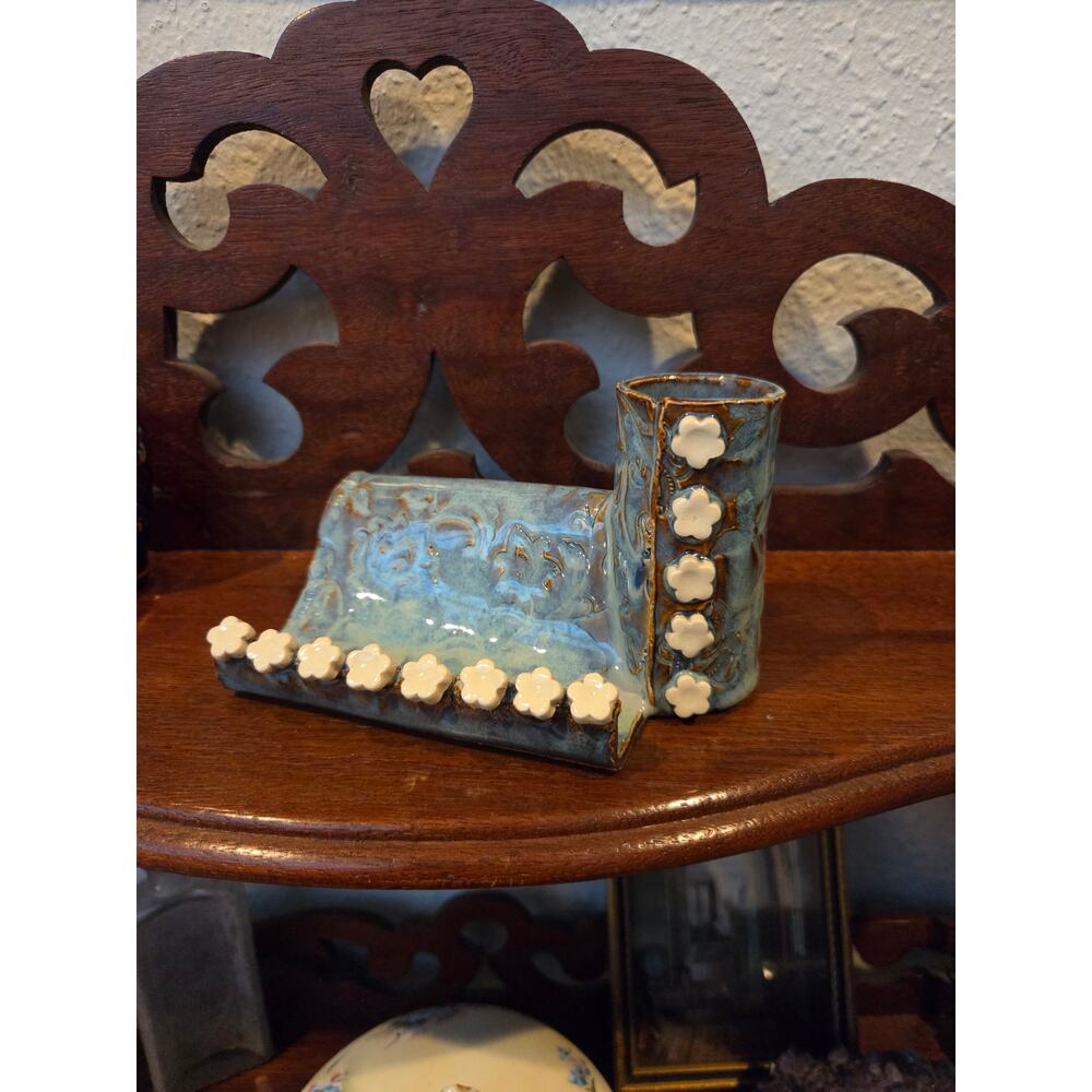 Vintage Blue Glaze Pottery Notepad Pen Holder Floral Earthenware 1970s-90s